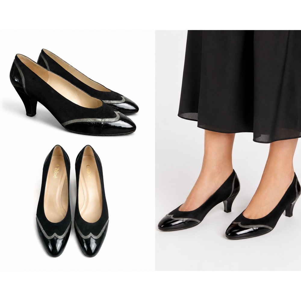 Chloé Vintage Pumps Women 8.5 Black Velvet Patent Leather Classic 3" Heels